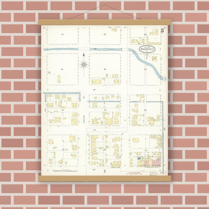Old map wall art mockup — magnetic wood frame on brick wall — Sanborn Fire Insurance Map from Bakersfield, Kern County, California (1899), Sheet #0003