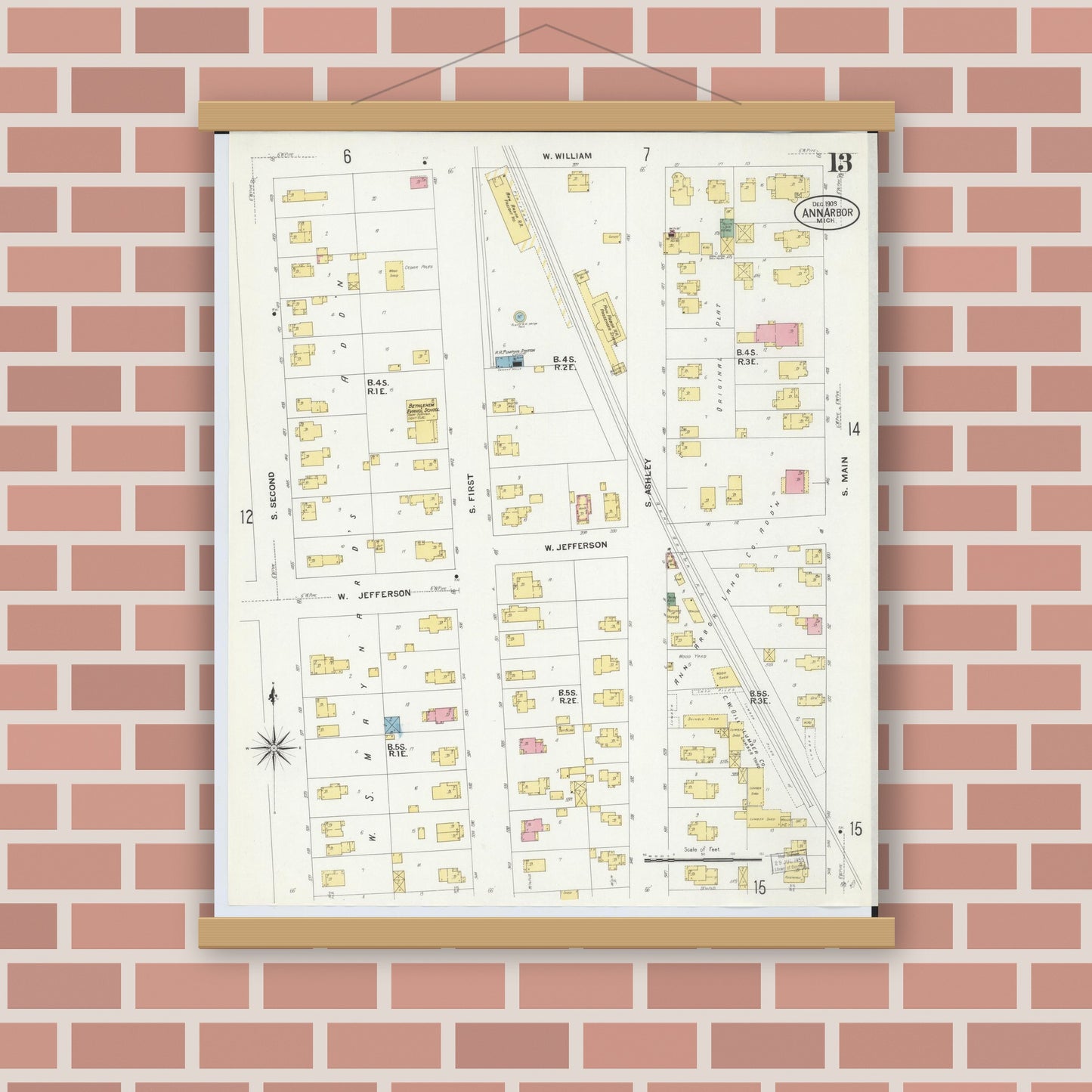 Old map wall art mockup — magnetic wood frame on brick wall — Sanborn Fire Insurance Map from Ann Arbor, Washtenaw County, Michigan (1908), Sheet #0013