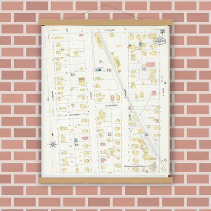 Old map wall art mockup — magnetic wood frame on brick wall — Sanborn Fire Insurance Map from Ann Arbor, Washtenaw County, Michigan (1908), Sheet #0013