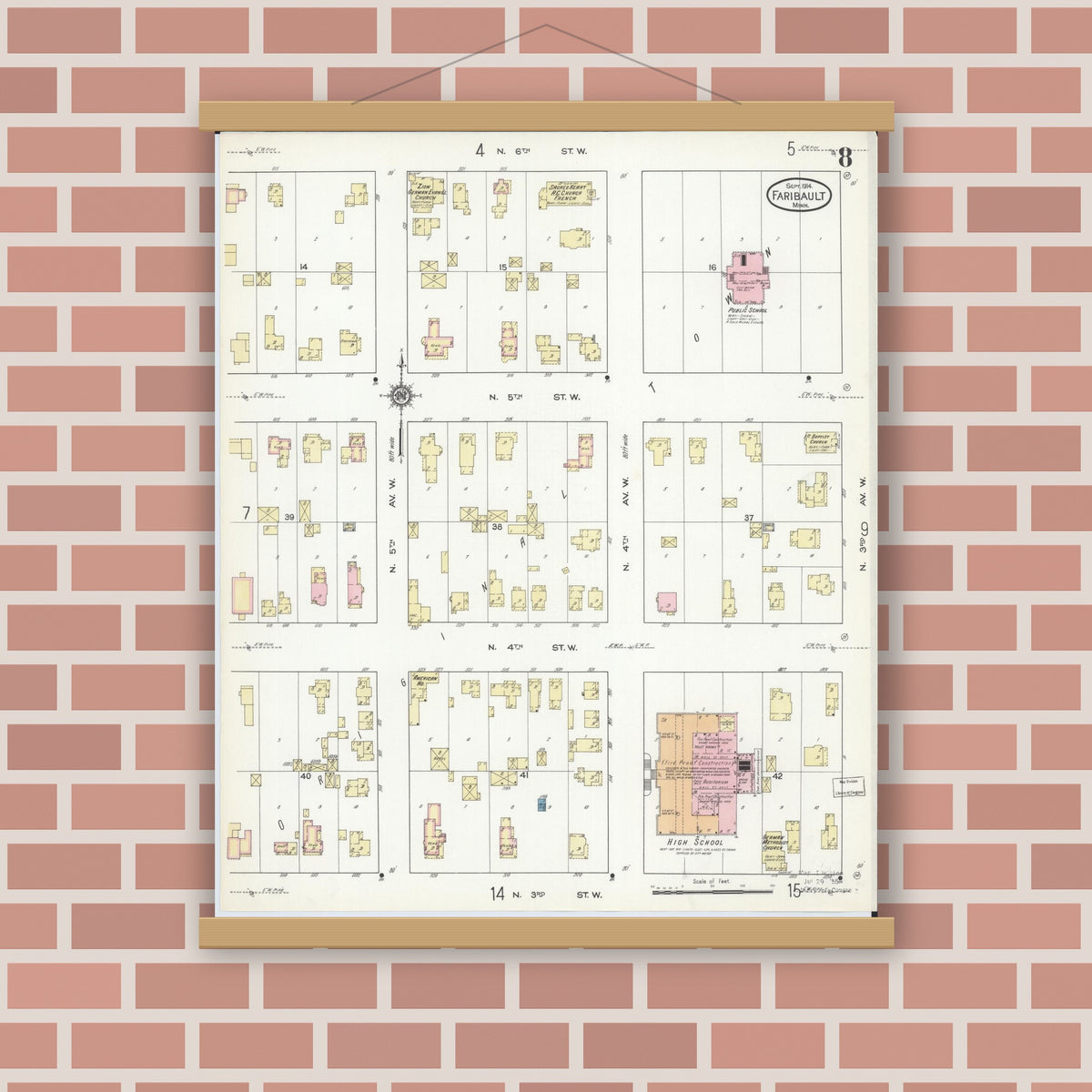 Old map wall art mockup — magnetic wood frame on brick wall — Sanborn Fire Insurance Map from Faribault, Rice County, Minnesota (1914), Sheet #0008