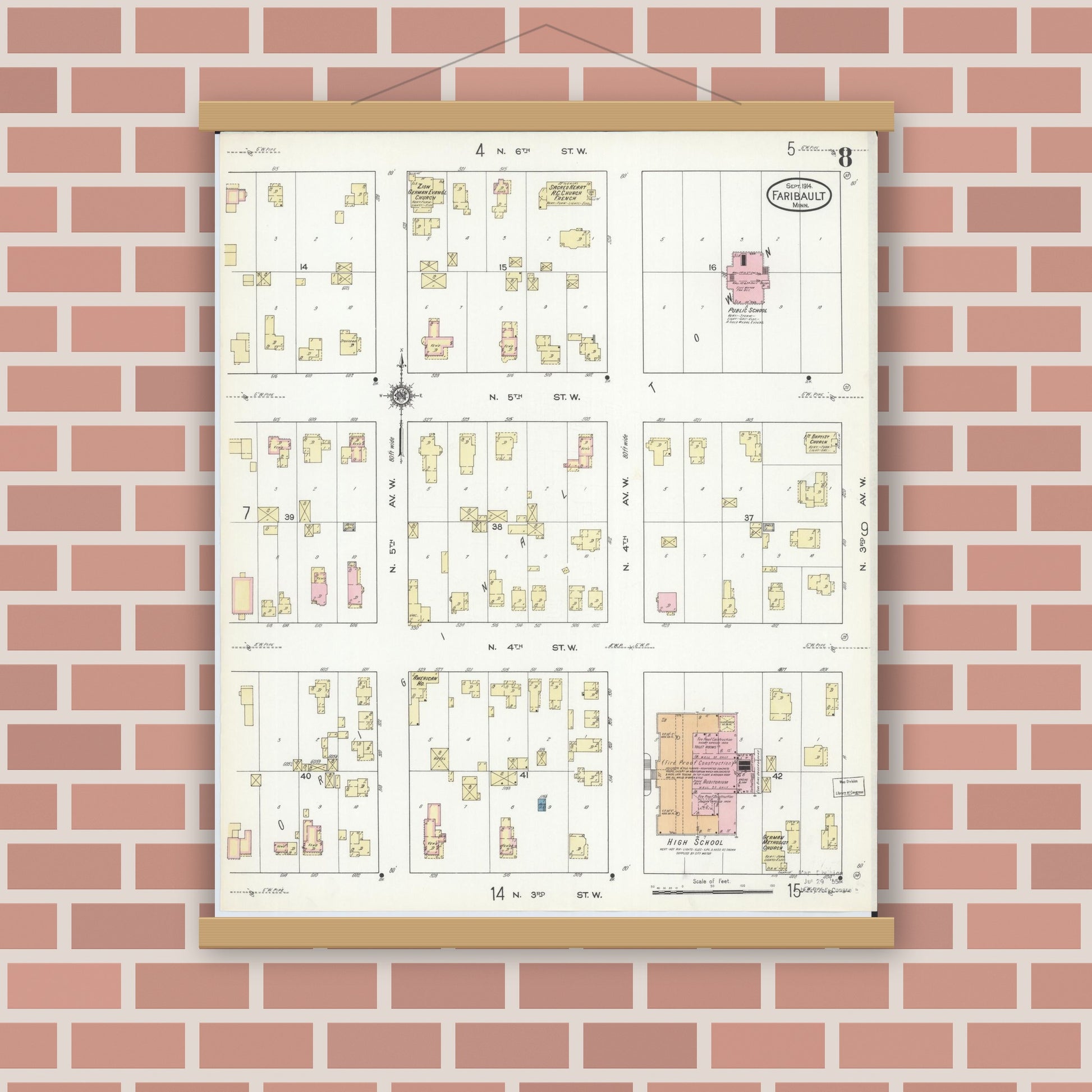Old map wall art mockup — magnetic wood frame on brick wall — Sanborn Fire Insurance Map from Faribault, Rice County, Minnesota (1914), Sheet #0008
