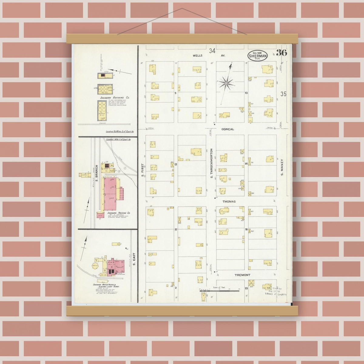 Old map wall art mockup — magnetic wood frame on brick wall — Sanborn Fire Insurance Map from Sherman, Grayson County, Texas (1908), Sheet #0036