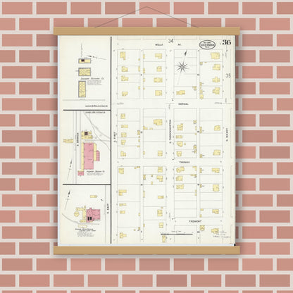Old map wall art mockup — magnetic wood frame on brick wall — Sanborn Fire Insurance Map from Sherman, Grayson County, Texas (1908), Sheet #0036
