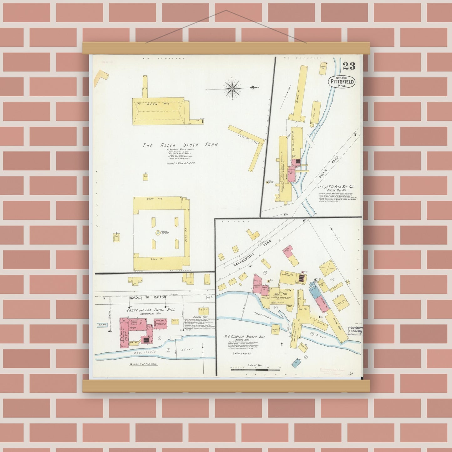 Old map wall art mockup — magnetic wood frame on brick wall — Sanborn Fire Insurance Map from Pittsfield, Berkshire County, Massachusetts (1900), Sheet #0023