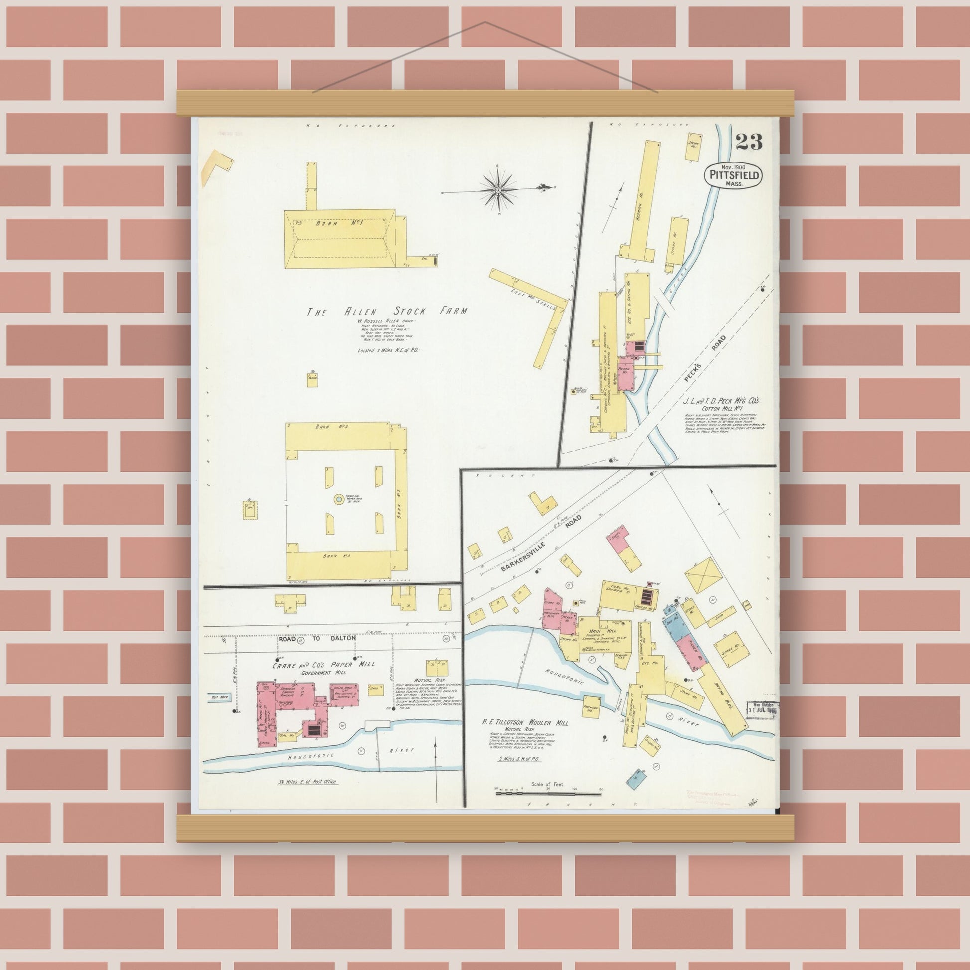 Old map wall art mockup — magnetic wood frame on brick wall — Sanborn Fire Insurance Map from Pittsfield, Berkshire County, Massachusetts (1900), Sheet #0023
