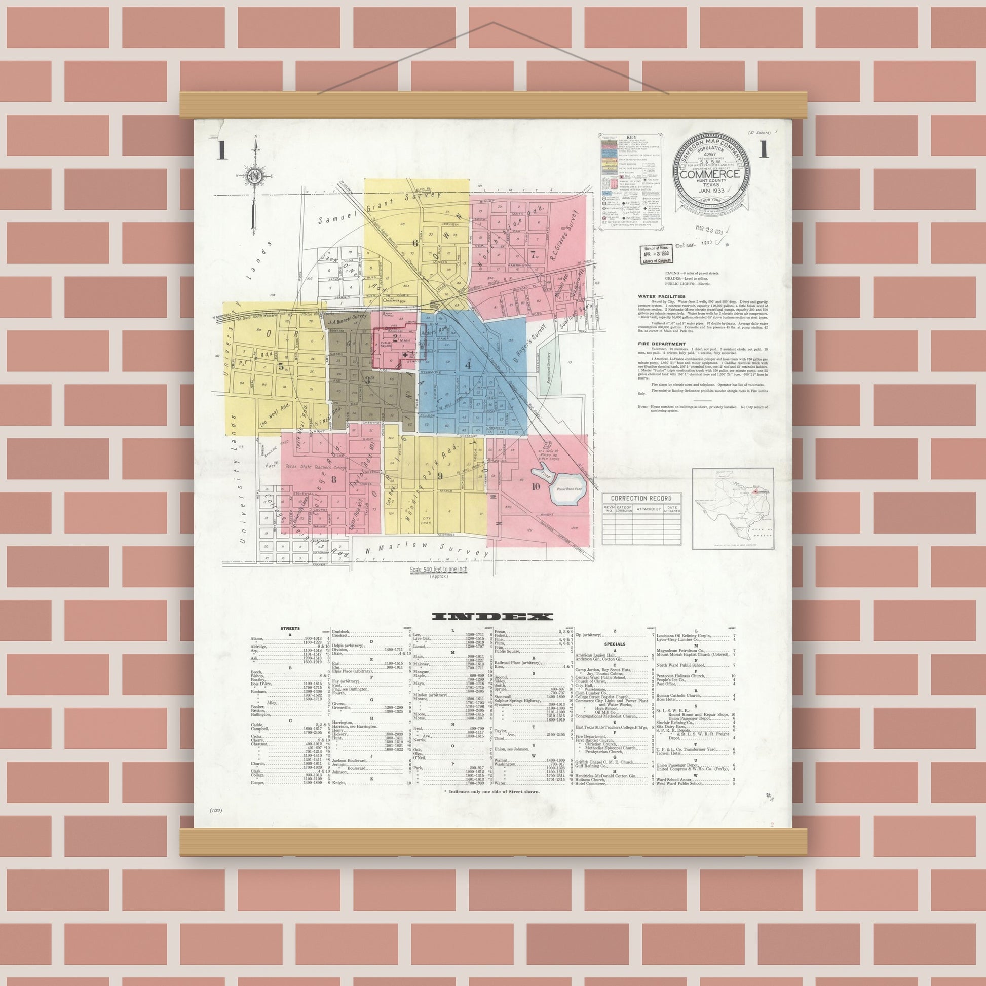 Old map wall art mockup — magnetic wood frame on brick wall — Sanborn Fire Insurance Map from Commerce, Hunt County, Texas (1933), Sheet #0001