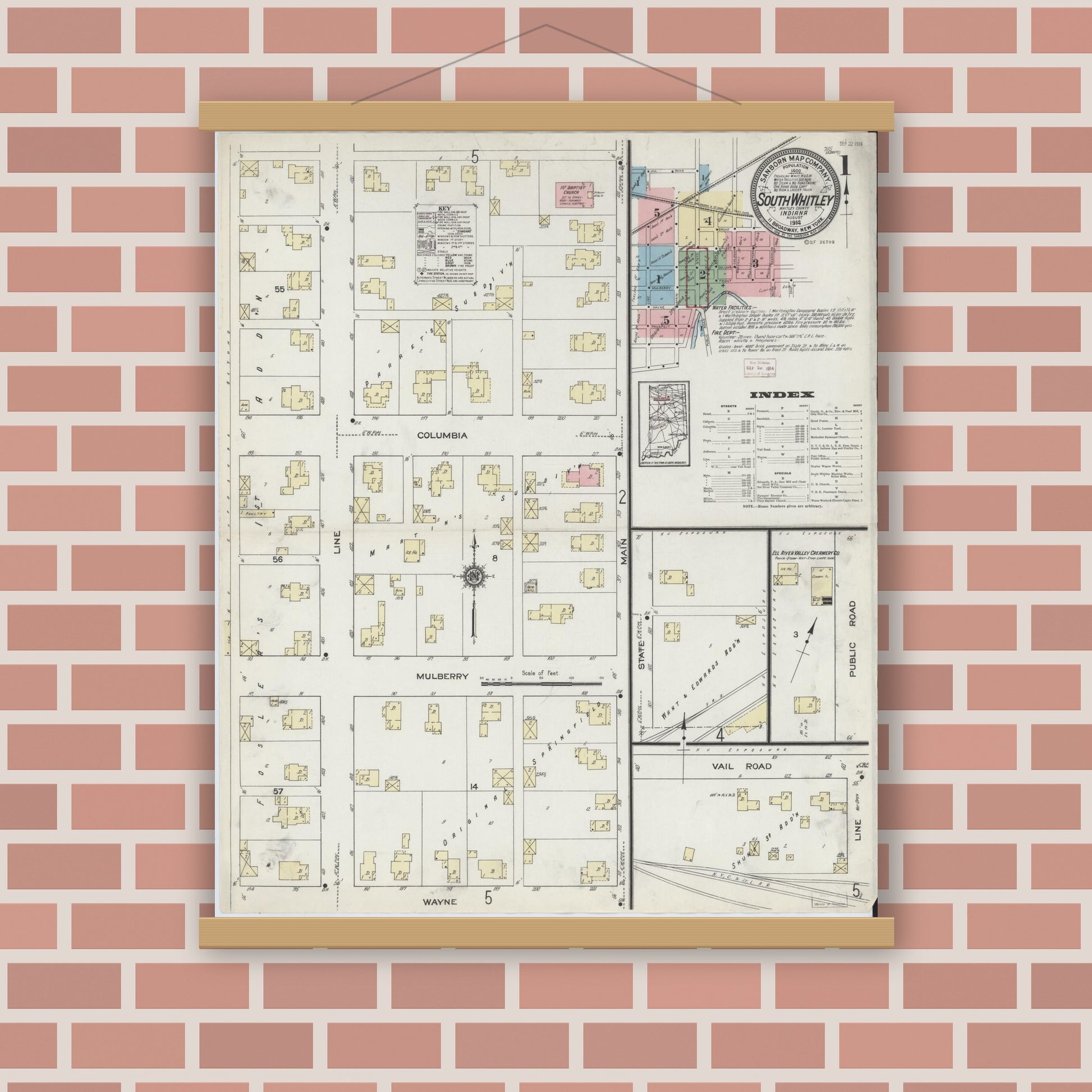 Old map wall art mockup — magnetic wood frame on brick wall — Sanborn Fire Insurance Map from South Whitley, Whitley County, Indiana (1914) - Complete Map Set