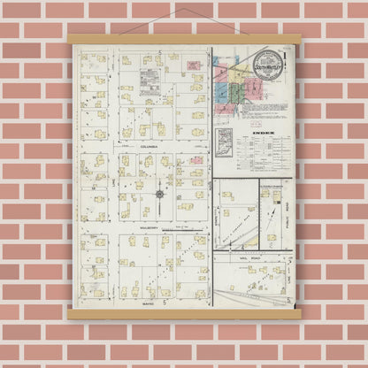 Old map wall art mockup — magnetic wood frame on brick wall — Sanborn Fire Insurance Map from South Whitley, Whitley County, Indiana (1914) - Complete Map Set