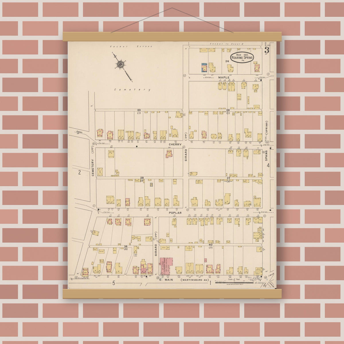 Old map wall art mockup — magnetic wood frame on brick wall — Sanborn Fire Insurance Map from Roaring Spring, Blair County, Pennsylvania (1922), Sheet #0003