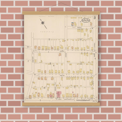 Old map wall art mockup — magnetic wood frame on brick wall — Sanborn Fire Insurance Map from Roaring Spring, Blair County, Pennsylvania (1922), Sheet #0003