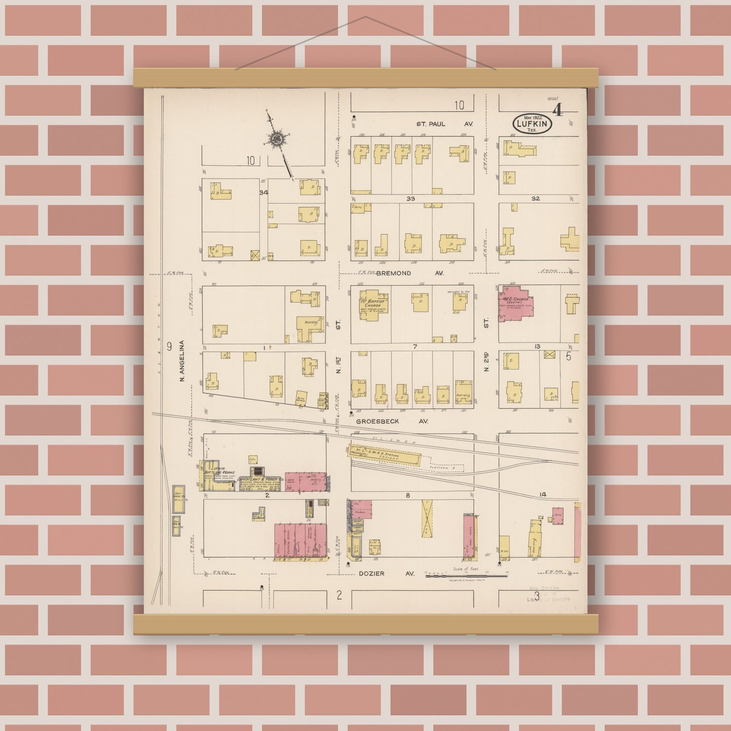 Old map wall art mockup — magnetic wood frame on brick wall — Sanborn Fire Insurance Map from Lufkin, Angelina County, Texas (1922), Sheet #0004