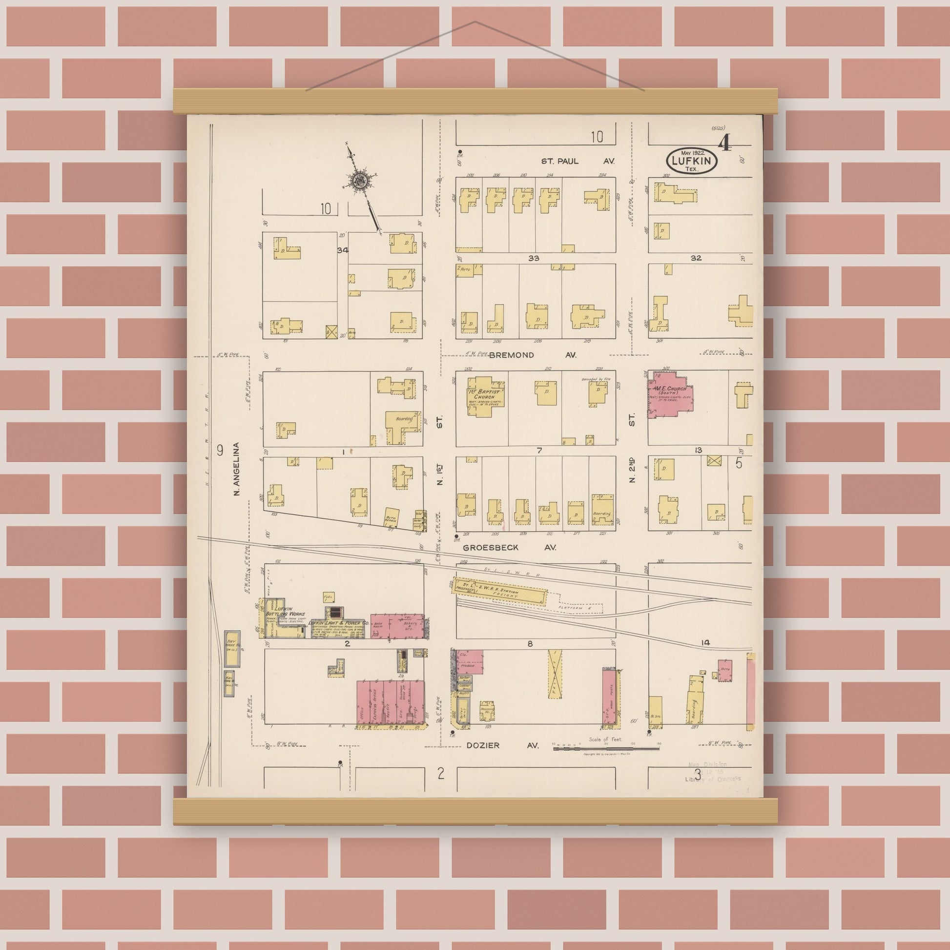 Old map wall art mockup — magnetic wood frame on brick wall — Sanborn Fire Insurance Map from Lufkin, Angelina County, Texas (1922), Sheet #0004