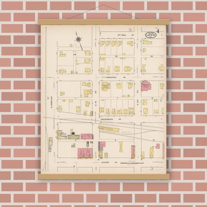 Old map wall art mockup — magnetic wood frame on brick wall — Sanborn Fire Insurance Map from Lufkin, Angelina County, Texas (1922), Sheet #0004