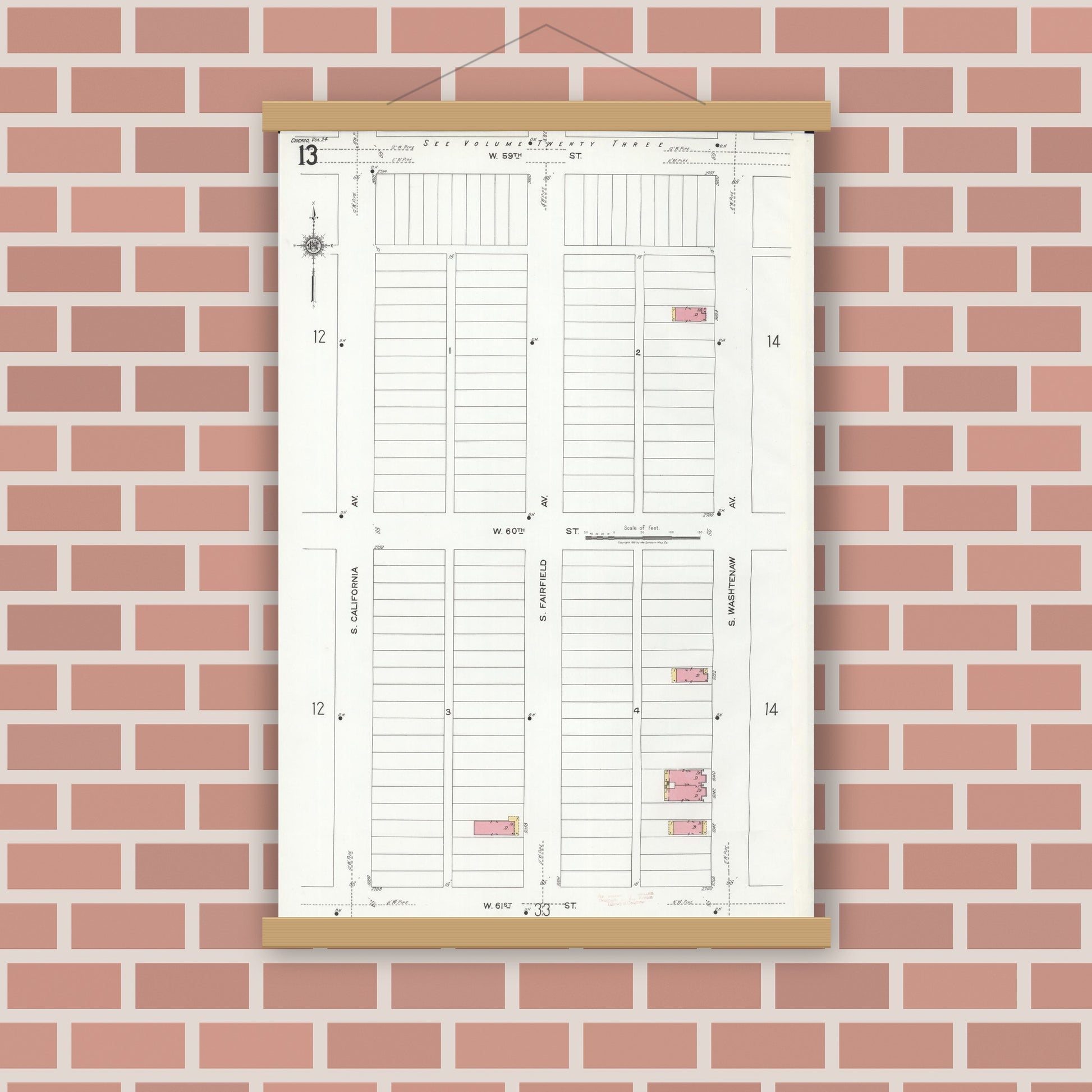 Old map wall art mockup — magnetic wood frame on brick wall — Sanborn Fire Insurance Map from Chicago, Cook County, Illinois (1920), Sheet #0013