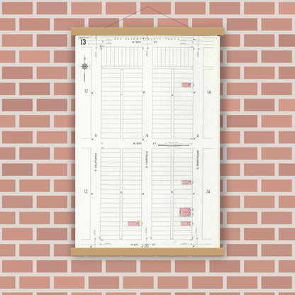 Old map wall art mockup — magnetic wood frame on brick wall — Sanborn Fire Insurance Map from Chicago, Cook County, Illinois (1920), Sheet #0013