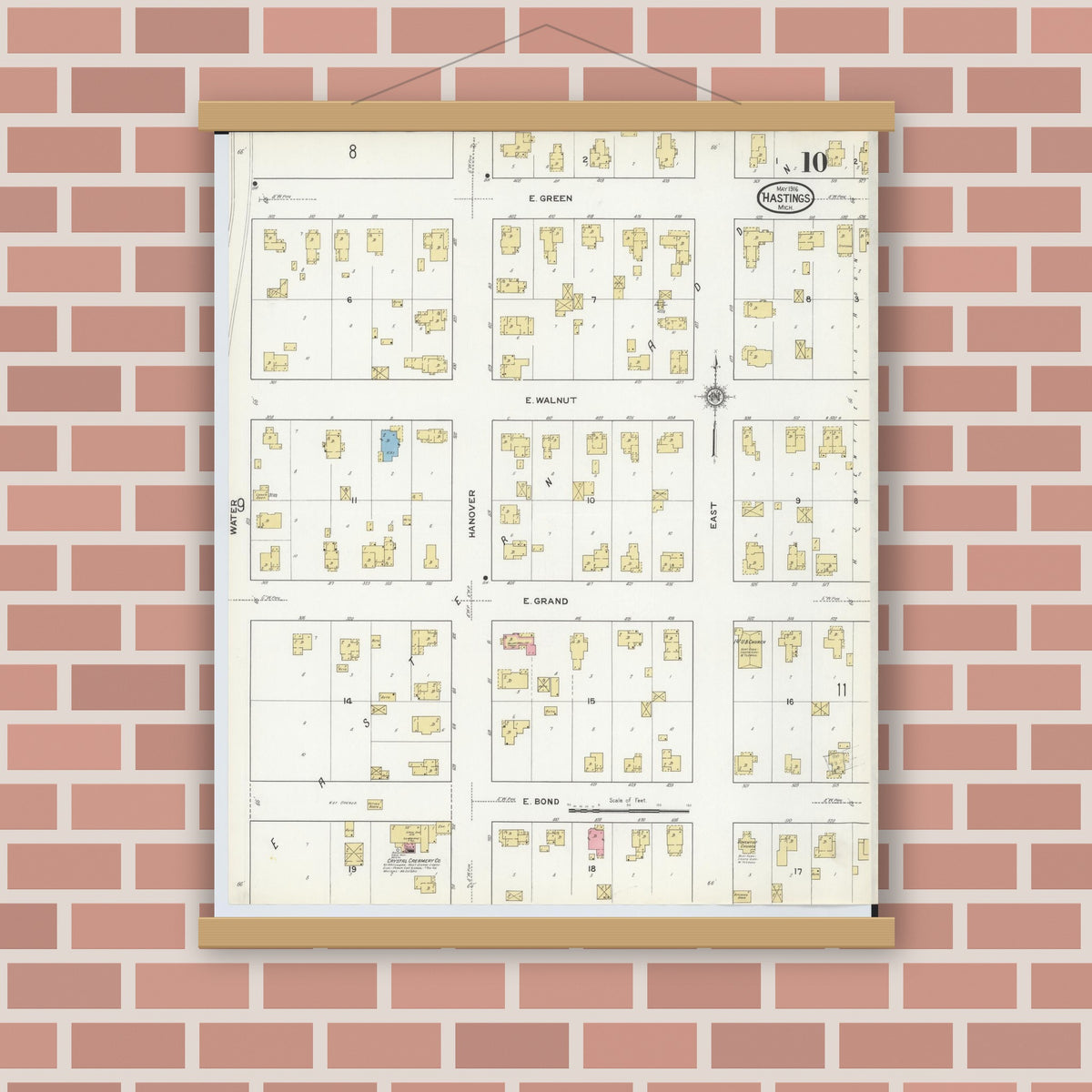Old map wall art mockup — magnetic wood frame on brick wall — Sanborn Fire Insurance Map from Hastings, Barry County, Michigan (1916), Sheet #0010