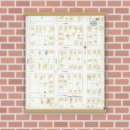 Old map wall art mockup — magnetic wood frame on brick wall — Sanborn Fire Insurance Map from Hastings, Barry County, Michigan (1916), Sheet #0010