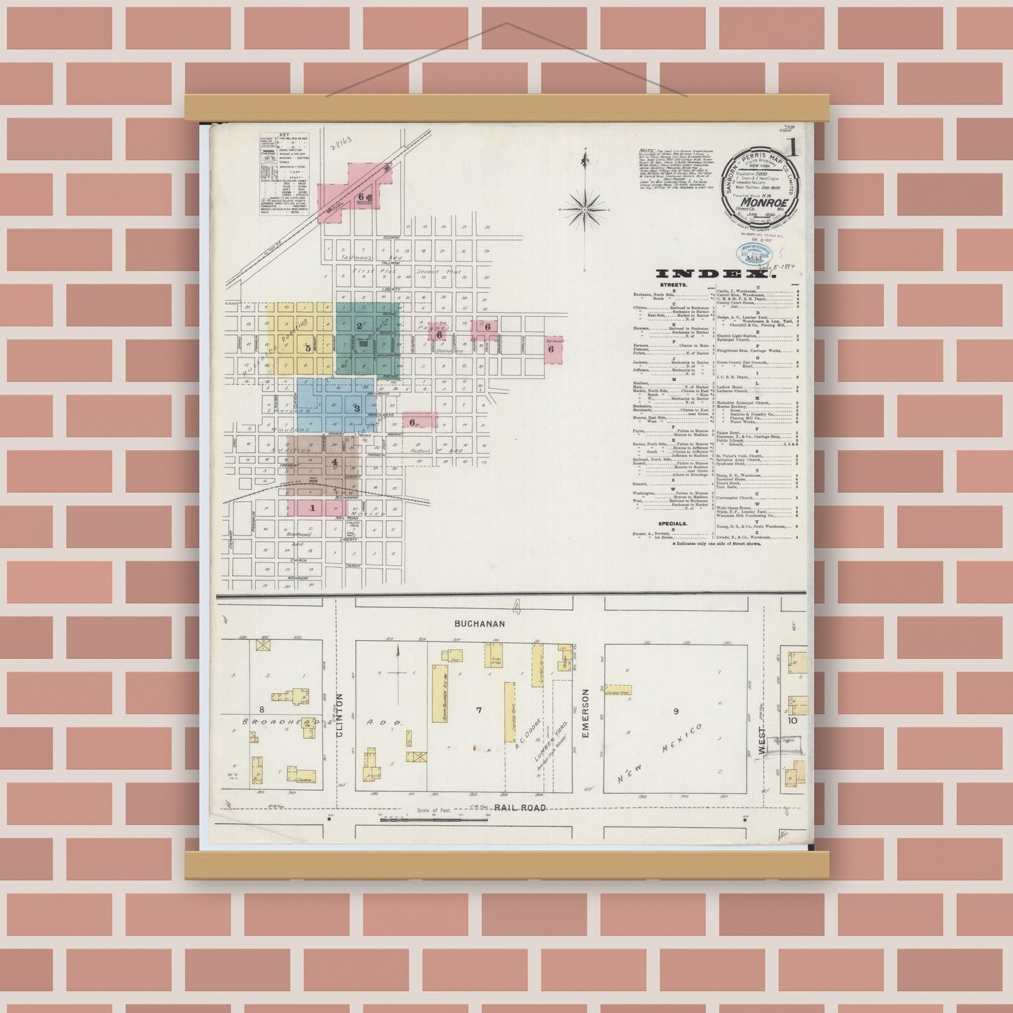 Old map wall art mockup — magnetic wood frame on brick wall — Sanborn Fire Insurance Map from Monroe, Green County, Wisconsin (1894) - Complete Map Set