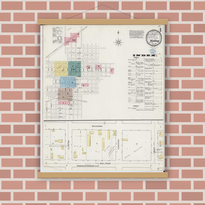 Old map wall art mockup — magnetic wood frame on brick wall — Sanborn Fire Insurance Map from Monroe, Green County, Wisconsin (1894) - Complete Map Set