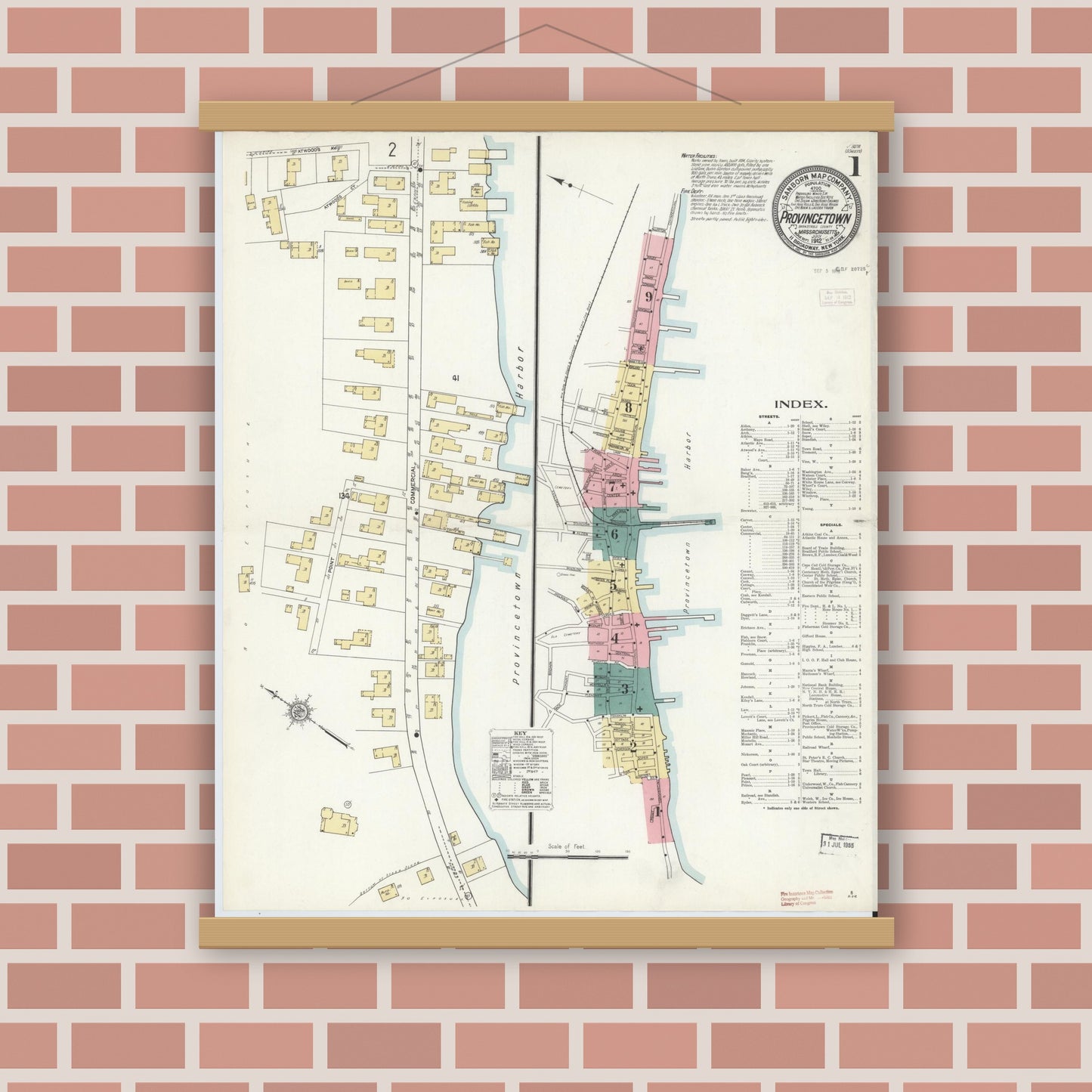 Old map wall art mockup — magnetic wood frame on brick wall — Sanborn Fire Insurance Map from Provincetown, Barnstable County, Massachusetts (1912) - Complete Map Set
