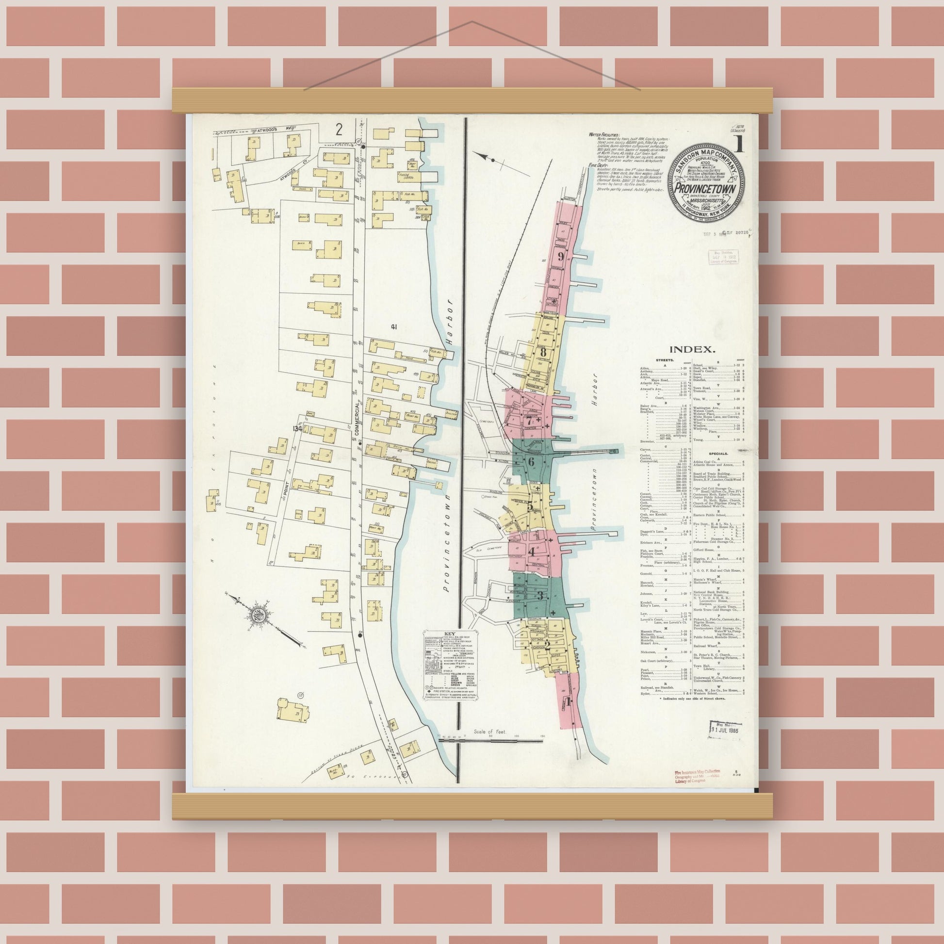 Old map wall art mockup — magnetic wood frame on brick wall — Sanborn Fire Insurance Map from Provincetown, Barnstable County, Massachusetts (1912) - Complete Map Set