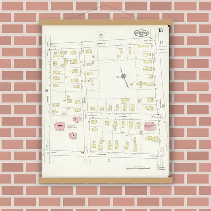 Old map wall art mockup — magnetic wood frame on brick wall — Sanborn Fire Insurance Map from Greenfield, Franklin County, Massachusetts (1914), Sheet #0015