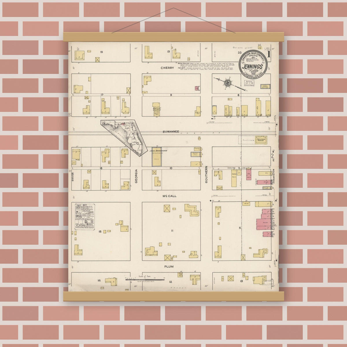 Old map wall art mockup — magnetic wood frame on brick wall — Sanborn Fire Insurance Map from Jennings, Hamilton County, Florida (1922), Sheet #0001