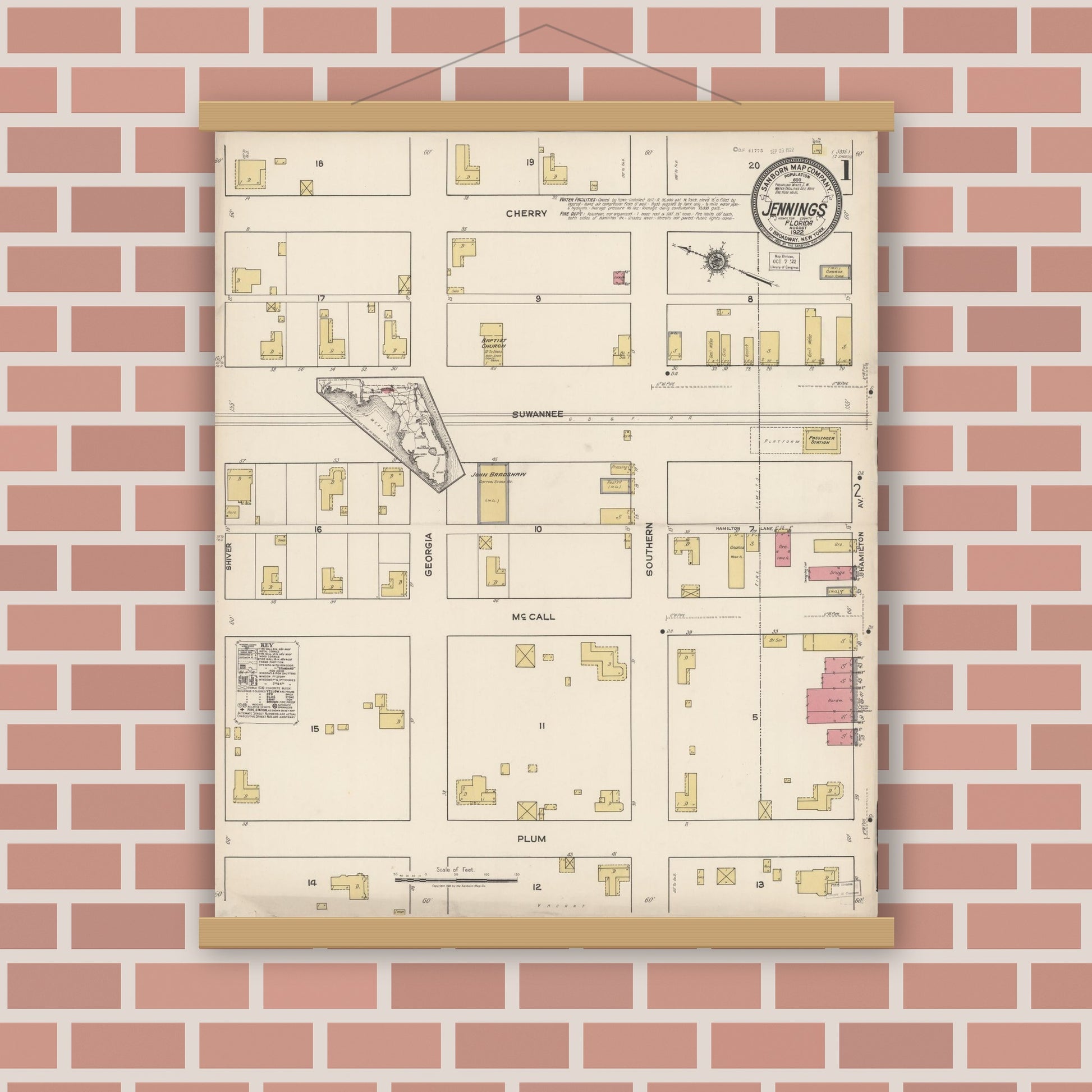 Old map wall art mockup — magnetic wood frame on brick wall — Sanborn Fire Insurance Map from Jennings, Hamilton County, Florida (1922), Sheet #0001