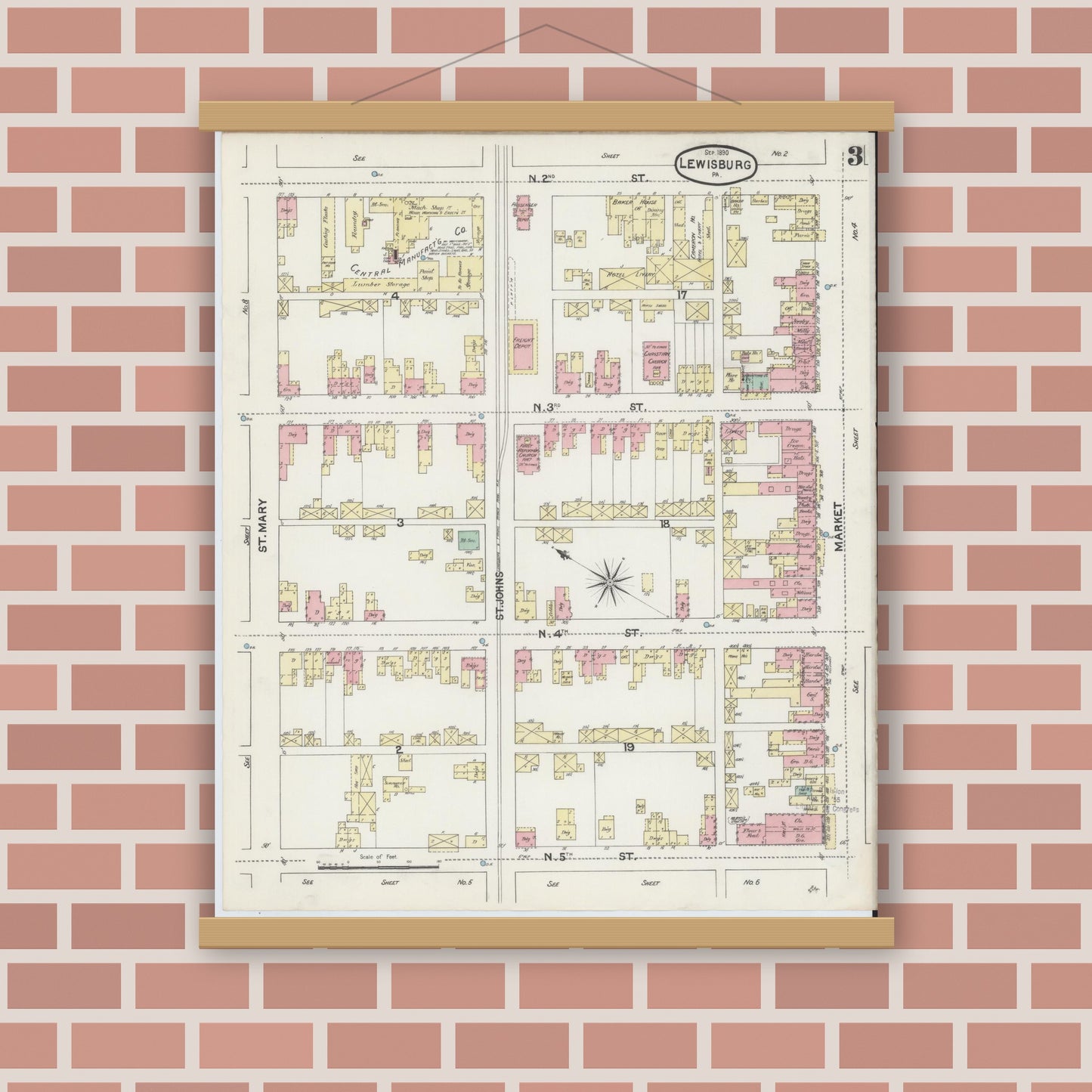 Old map wall art mockup — magnetic wood frame on brick wall — Sanborn Fire Insurance Map from Lewisburg, Union County, Pennsylvania (1890), Sheet #0003
