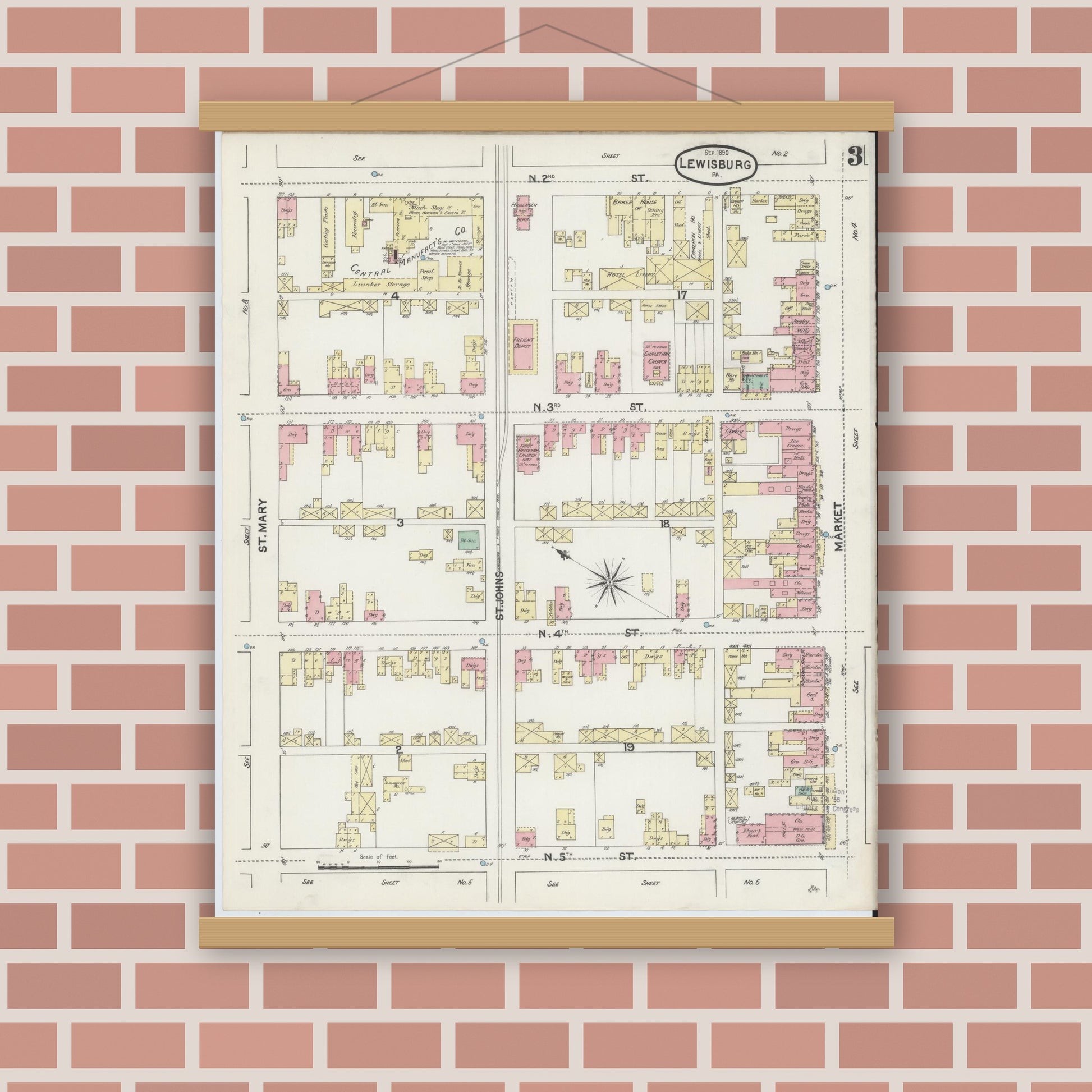 Old map wall art mockup — magnetic wood frame on brick wall — Sanborn Fire Insurance Map from Lewisburg, Union County, Pennsylvania (1890), Sheet #0003