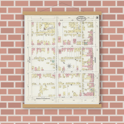Old map wall art mockup — magnetic wood frame on brick wall — Sanborn Fire Insurance Map from Lewisburg, Union County, Pennsylvania (1890), Sheet #0003
