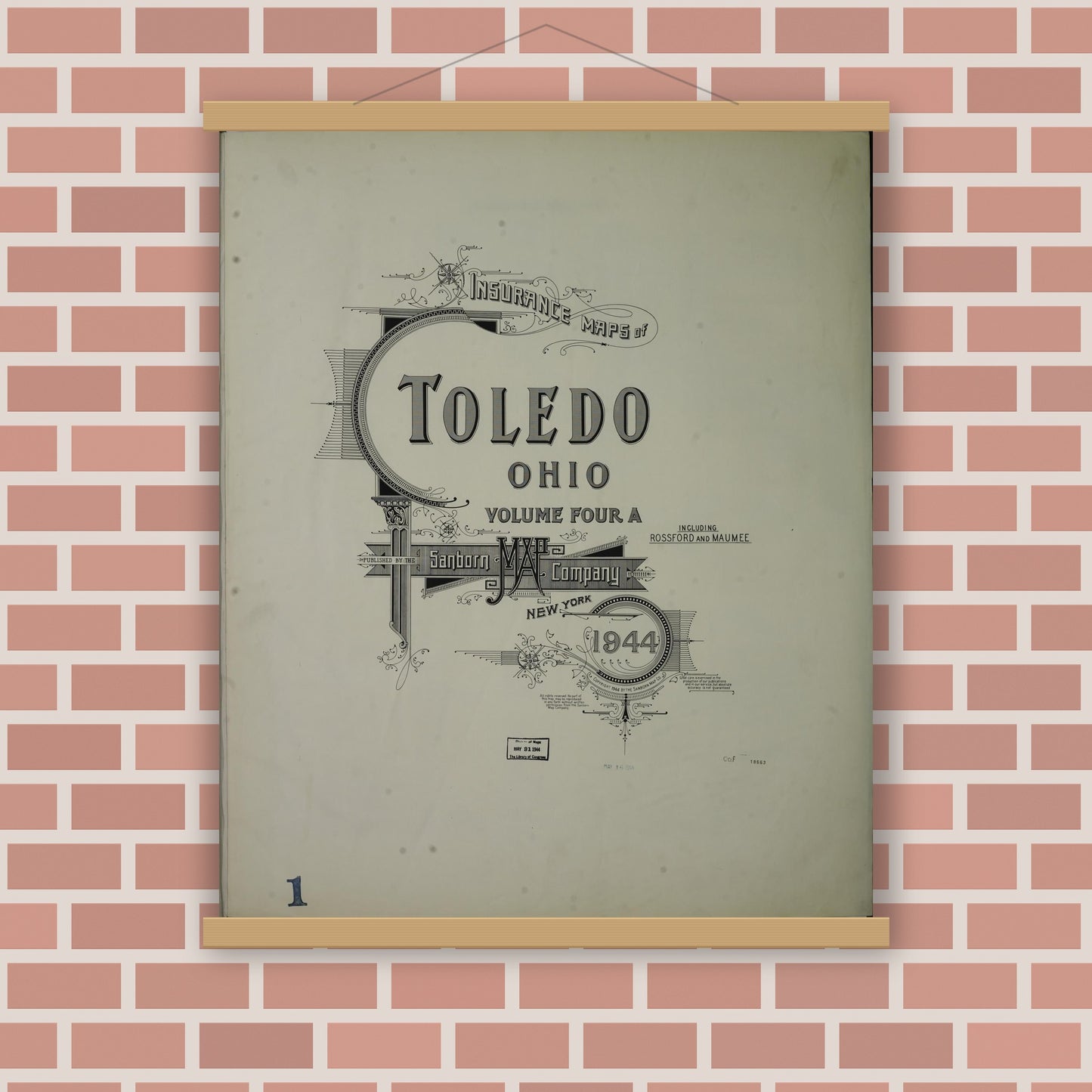 Old map wall art mockup — magnetic wood frame on brick wall — Sanborn Fire Insurance Map from Toledo, Lucas County, Ohio (1944), Sheet #0001