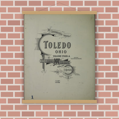 Old map wall art mockup — magnetic wood frame on brick wall — Sanborn Fire Insurance Map from Toledo, Lucas County, Ohio (1944), Sheet #0001