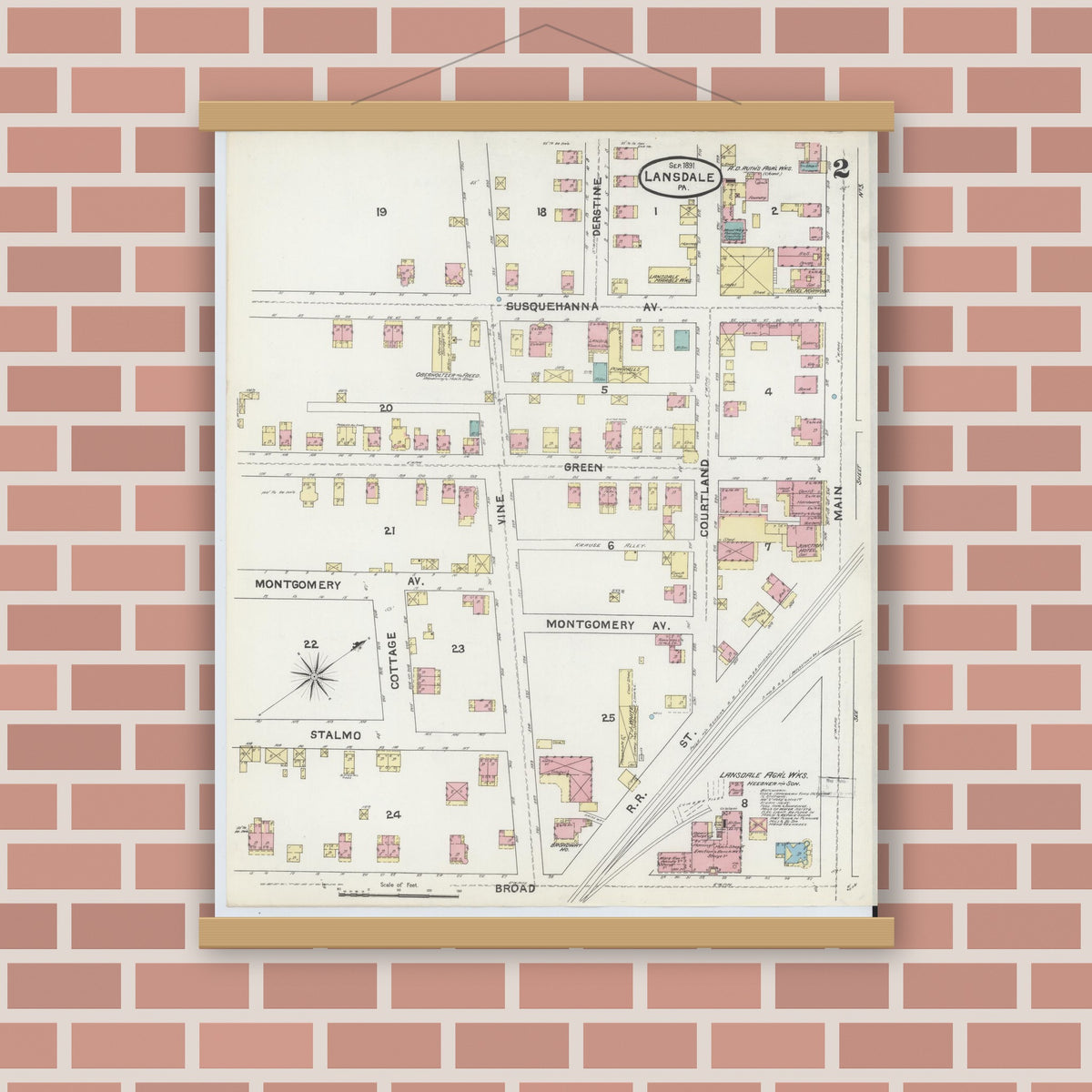 Old map wall art mockup — magnetic wood frame on brick wall — Sanborn Fire Insurance Map from Lansdale, Montgomery County, Pennsylvania (1891), Sheet #0002