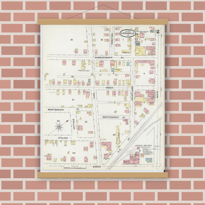 Old map wall art mockup — magnetic wood frame on brick wall — Sanborn Fire Insurance Map from Lansdale, Montgomery County, Pennsylvania (1891), Sheet #0002