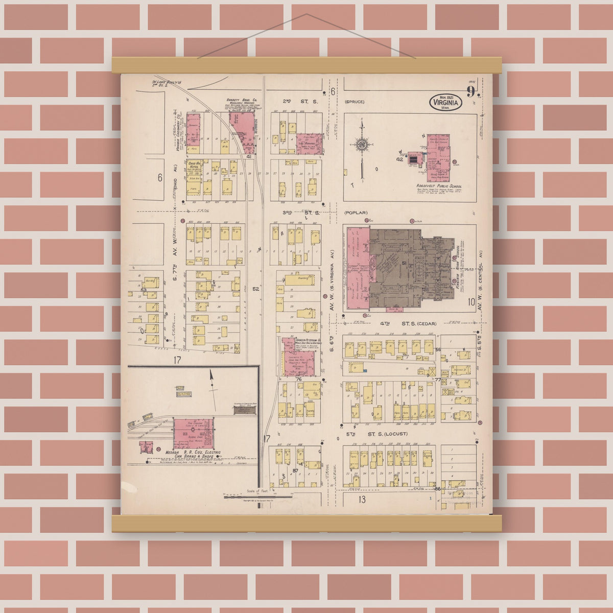 Old map wall art mockup — magnetic wood frame on brick wall — Sanborn Fire Insurance Map from Virginia, Saint Louis County, Minnesota (1921), Sheet #0009