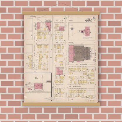 Old map wall art mockup — magnetic wood frame on brick wall — Sanborn Fire Insurance Map from Virginia, Saint Louis County, Minnesota (1921), Sheet #0009