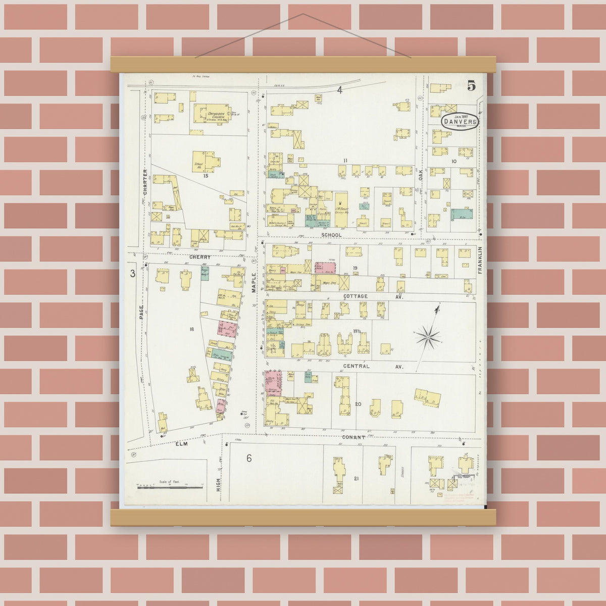 Old map wall art mockup — magnetic wood frame on brick wall — Sanborn Fire Insurance Map from Danvers, Essex County, Massachusetts (1897), Sheet #0005