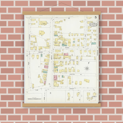 Old map wall art mockup — magnetic wood frame on brick wall — Sanborn Fire Insurance Map from Danvers, Essex County, Massachusetts (1897), Sheet #0005