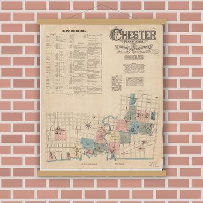 Old map wall art mockup — magnetic wood frame on brick wall — Sanborn Fire Insurance Map from Chester, Delaware County, Pennsylvania (1885) - Complete Map Set