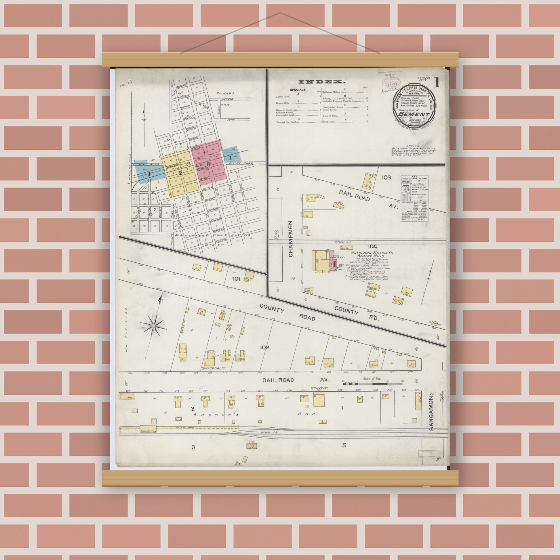 Old map wall art mockup — magnetic wood frame on brick wall — Sanborn Fire Insurance Map from Bement, Piatt County, Illinois (1893) - Complete Map Set