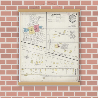 Old map wall art mockup — magnetic wood frame on brick wall — Sanborn Fire Insurance Map from Bement, Piatt County, Illinois (1893) - Complete Map Set