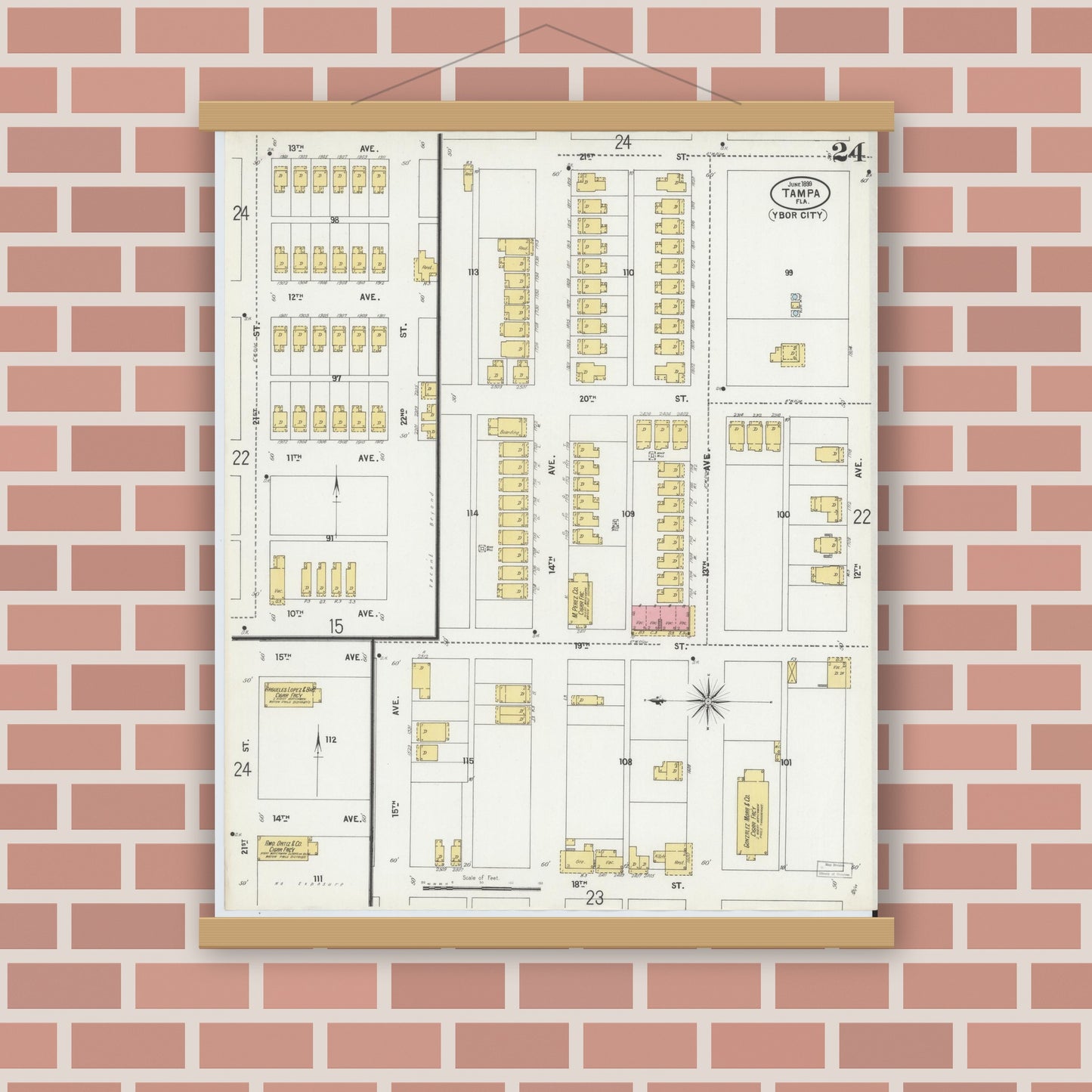 Old map wall art mockup — magnetic wood frame on brick wall — Sanborn Fire Insurance Map from Tampa, Hillsborough County, Florida (1899), Sheet #0024