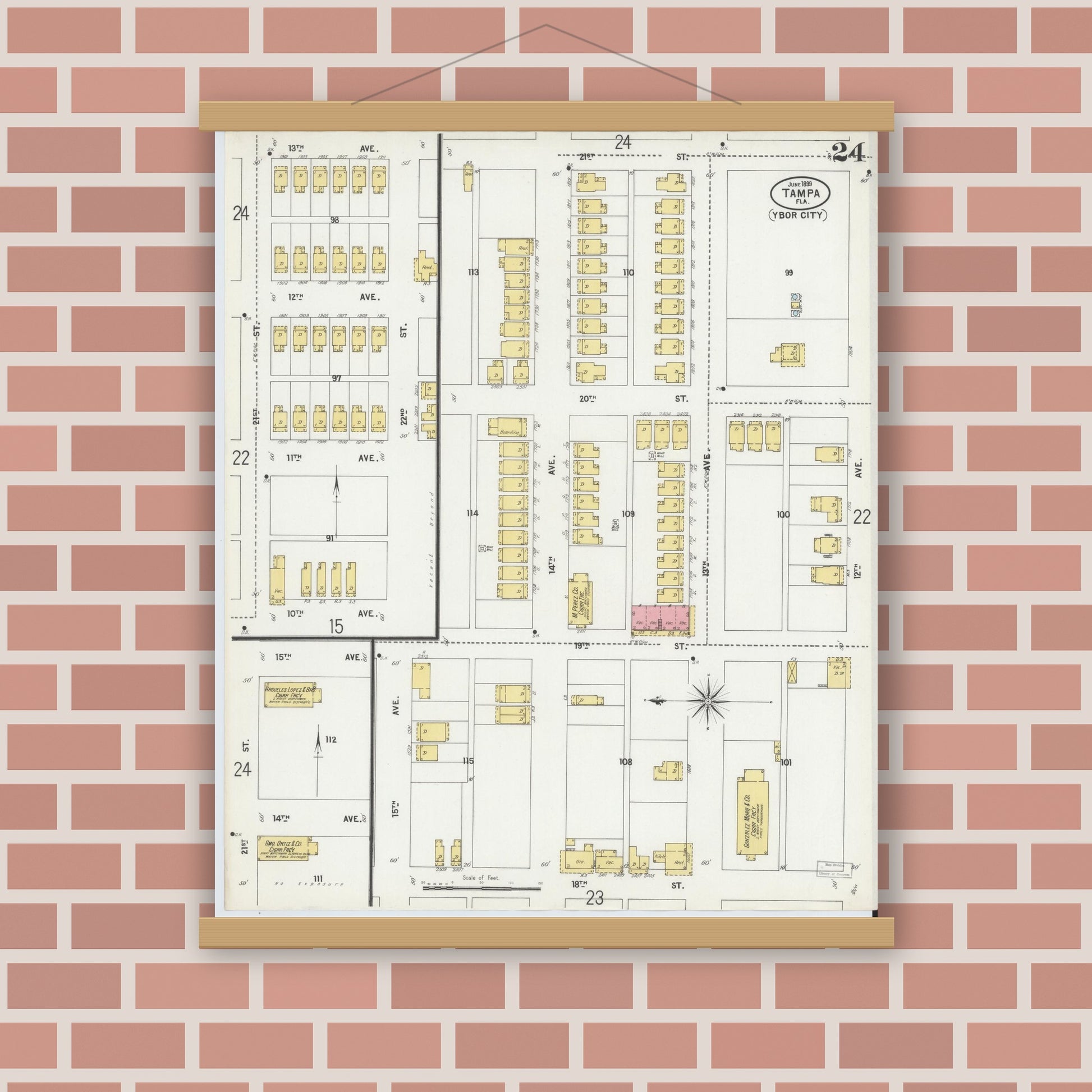 Old map wall art mockup — magnetic wood frame on brick wall — Sanborn Fire Insurance Map from Tampa, Hillsborough County, Florida (1899), Sheet #0024