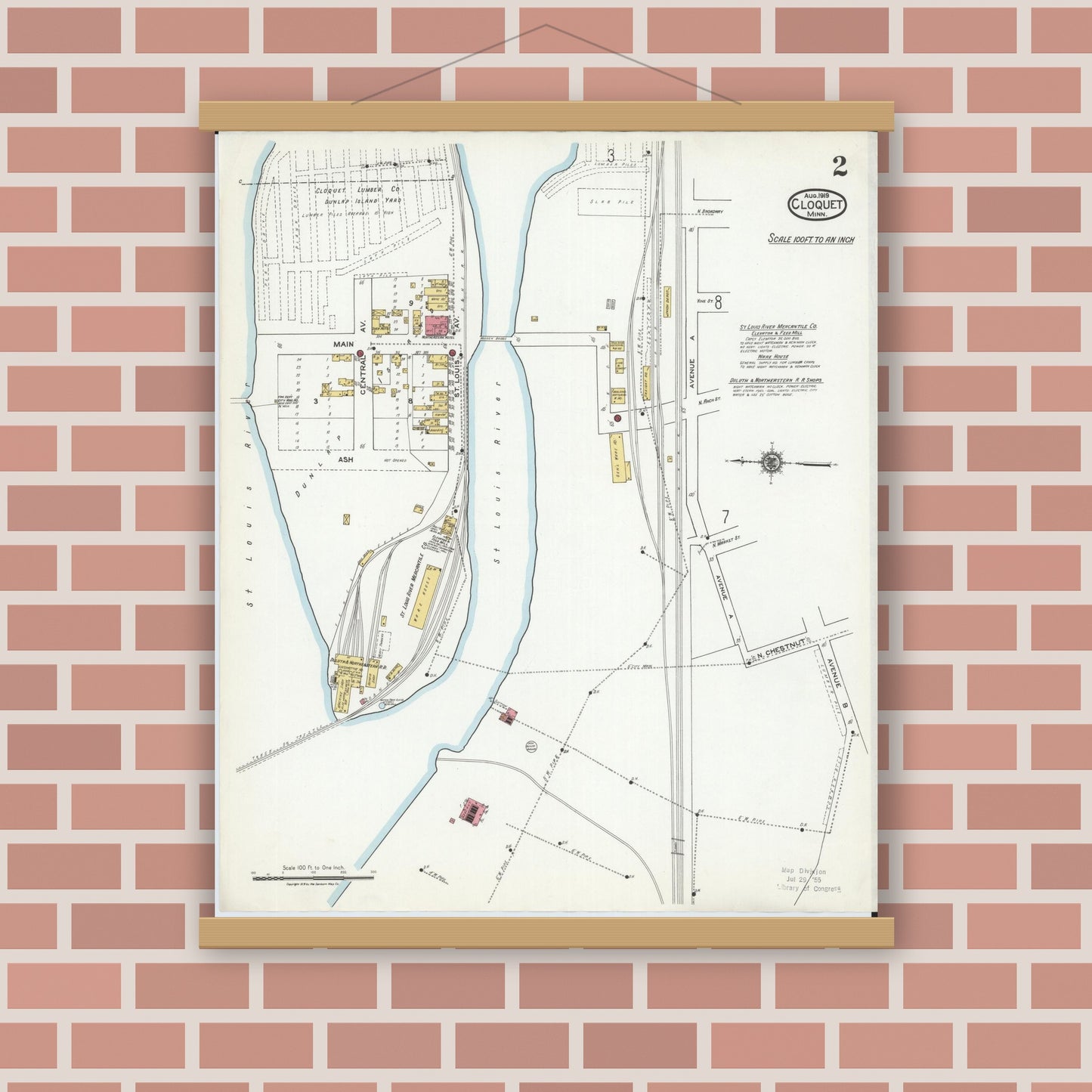Old map wall art mockup — magnetic wood frame on brick wall — Sanborn Fire Insurance Map from Cloquet, Carlton County, Minnesota (1919), Sheet #0002