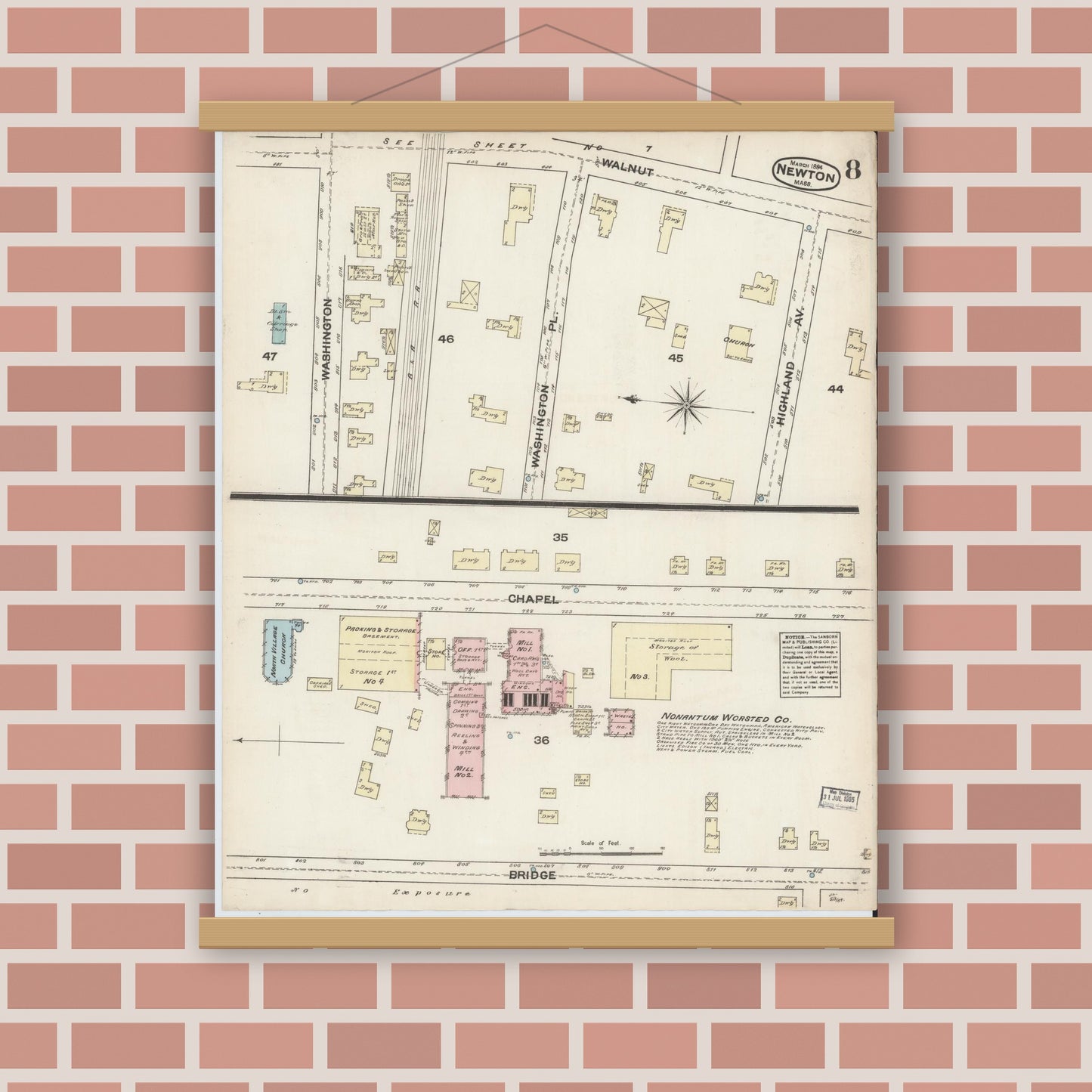 Old map wall art mockup — magnetic wood frame on brick wall — Sanborn Fire Insurance Map from Newton, Middlesex County, Massachusetts (1884), Sheet #0008