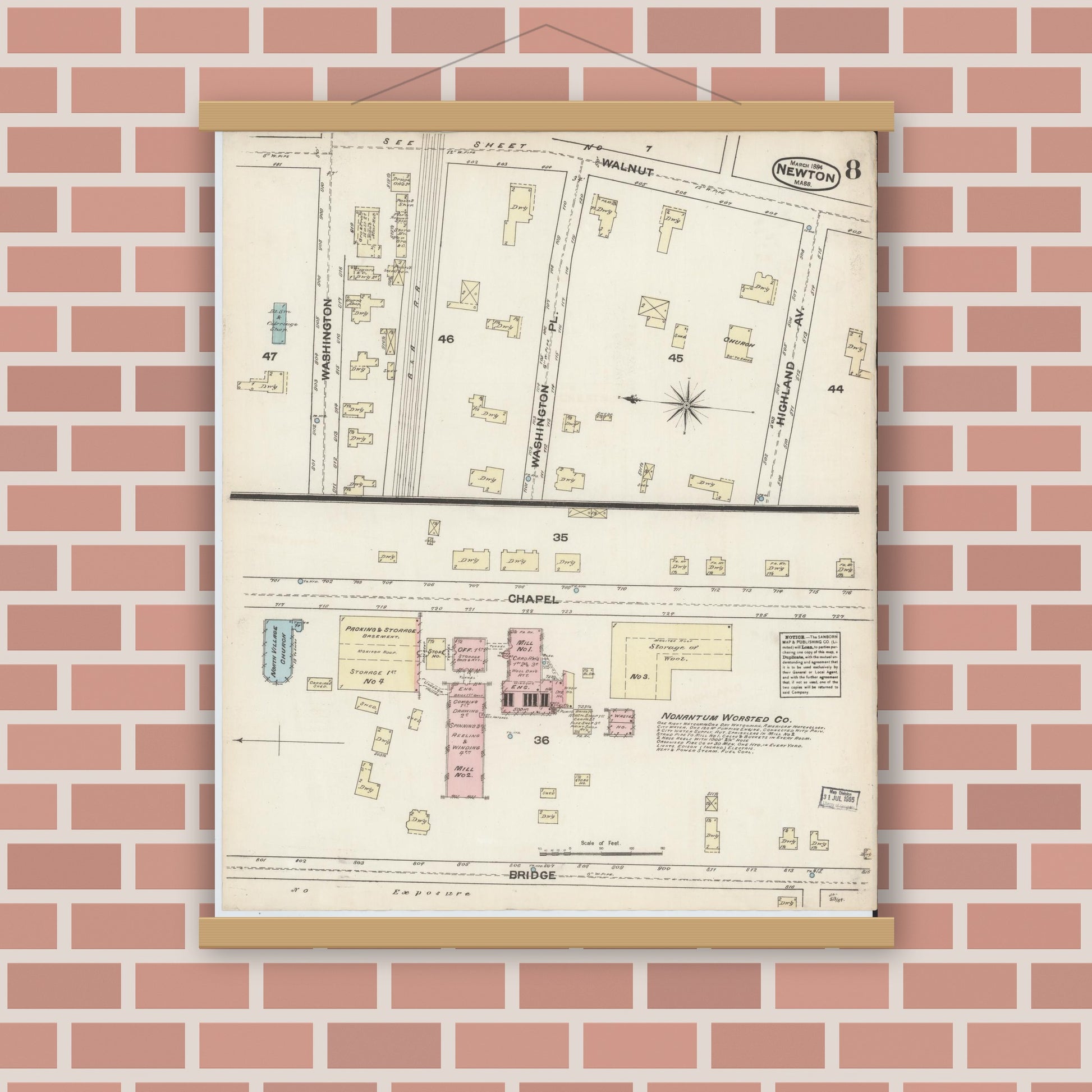 Old map wall art mockup — magnetic wood frame on brick wall — Sanborn Fire Insurance Map from Newton, Middlesex County, Massachusetts (1884), Sheet #0008