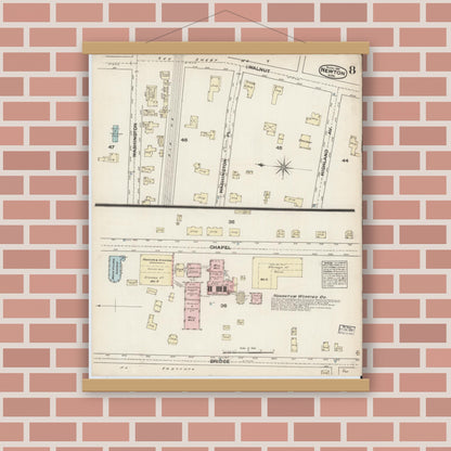 Old map wall art mockup — magnetic wood frame on brick wall — Sanborn Fire Insurance Map from Newton, Middlesex County, Massachusetts (1884), Sheet #0008