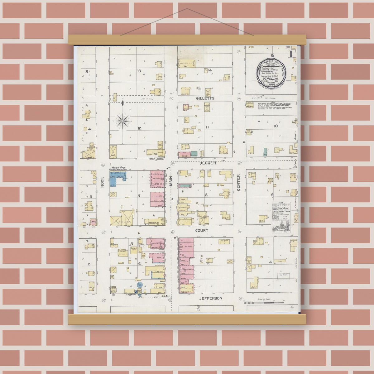 Old map wall art mockup — magnetic wood frame on brick wall — Sanborn Fire Insurance Map from Viroqua, Vernon County, Wisconsin (1892) - Complete Map Set