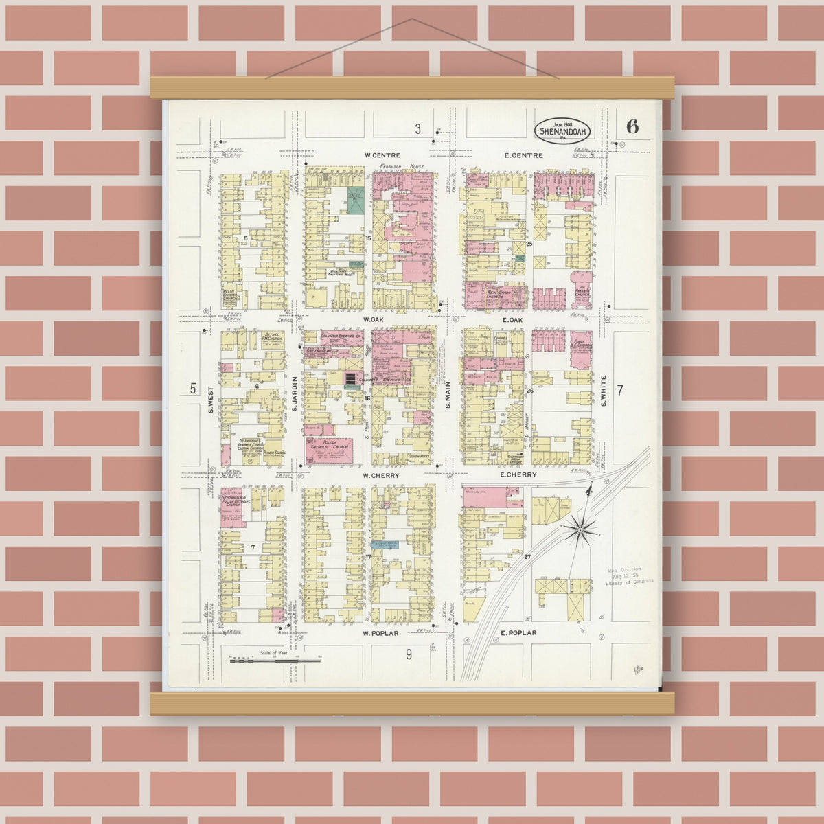 Old map wall art mockup — magnetic wood frame on brick wall — Sanborn Fire Insurance Map from Shenandoah, Schuylkill County, Pennsylvania (1908), Sheet #0006